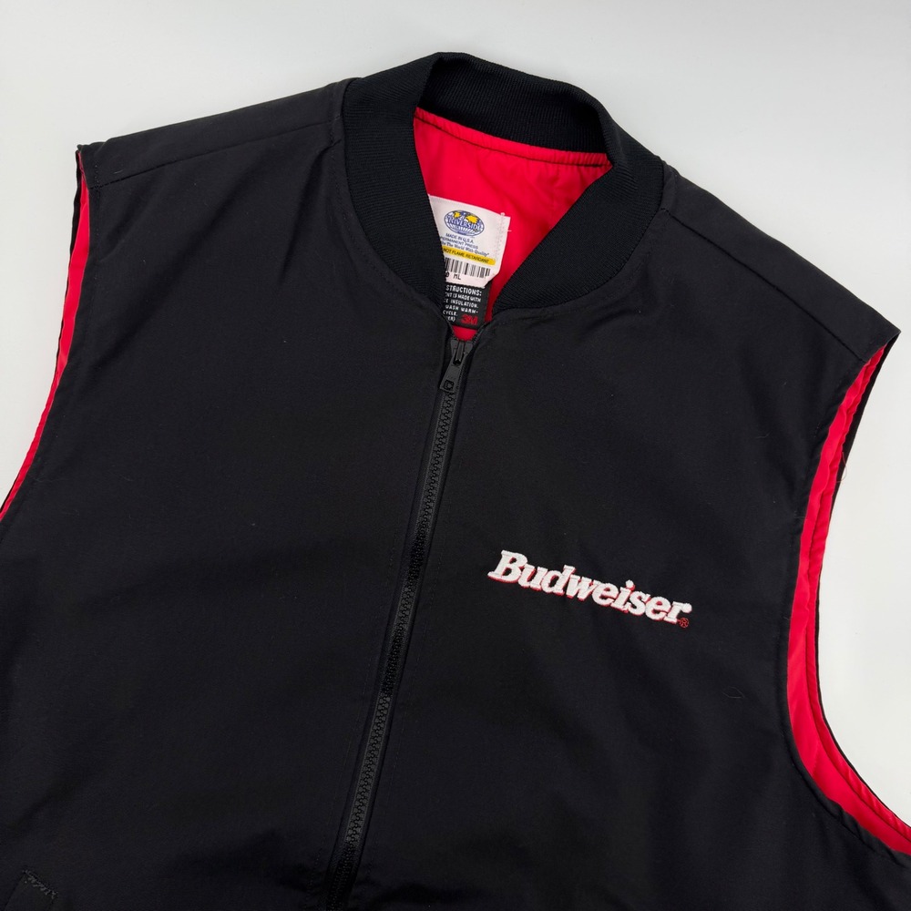 Budweiser Vintage Bomber Vest Mens‎ Black Red Insulated Full Zip Workwear XL